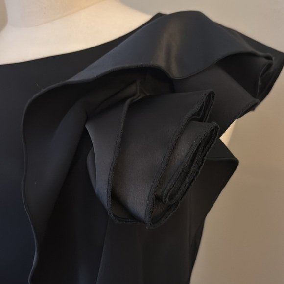 Le Chateau Black Sleeveless Dress with Asymmetrical Floral Ruffle Sz M - Picture 4 of 10